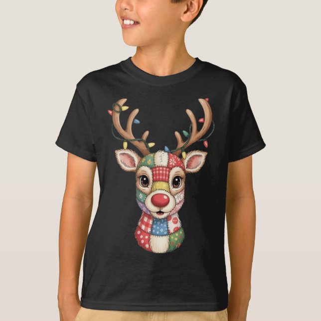 Camiseta Christmas Reindeer Patchwork Men Women Kids Cute R (Anverso)