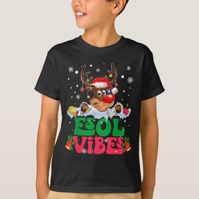 Camiseta Christmas Reindeer Santa Esol Vibes Funny Teacher  (Anverso)