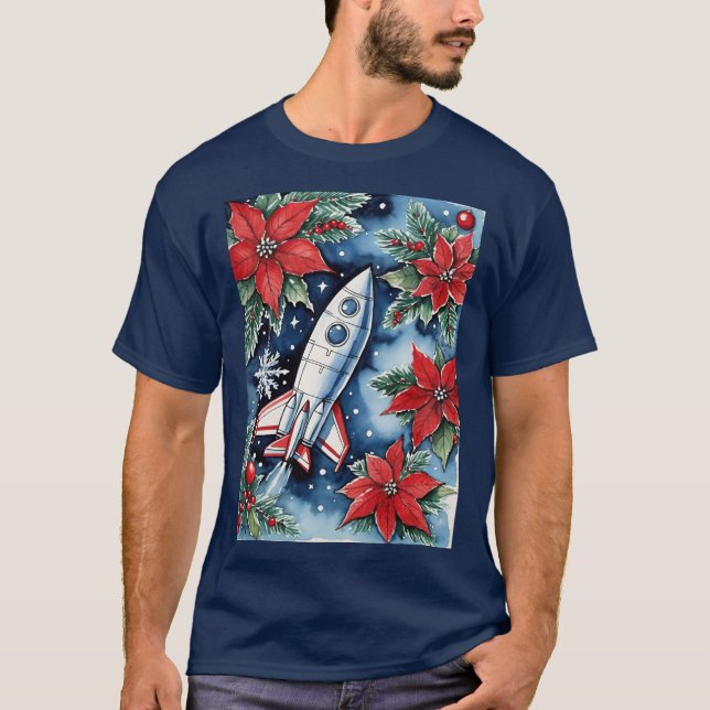 Camiseta Christmas Rocket Launch With Poinsettias At Night (Anverso)