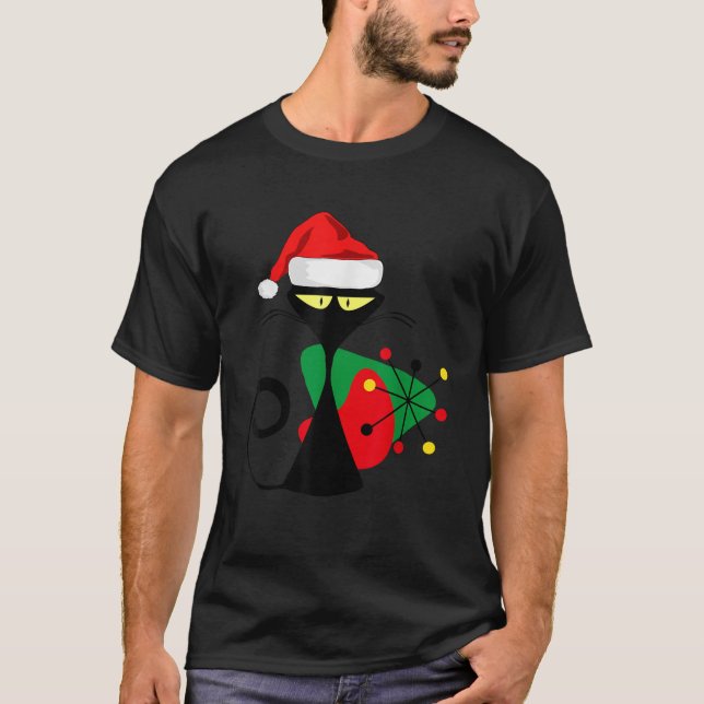 Camiseta Christmas Santa Cat Midcentury Mid Century Atomic  (Anverso)