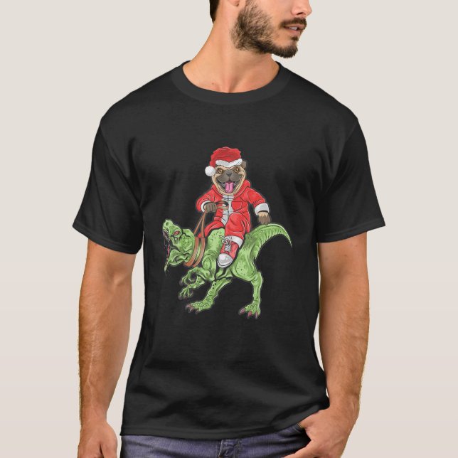 Camiseta Christmas Santa Claus Pug Dog Riding A Dinosaur Tr (Anverso)