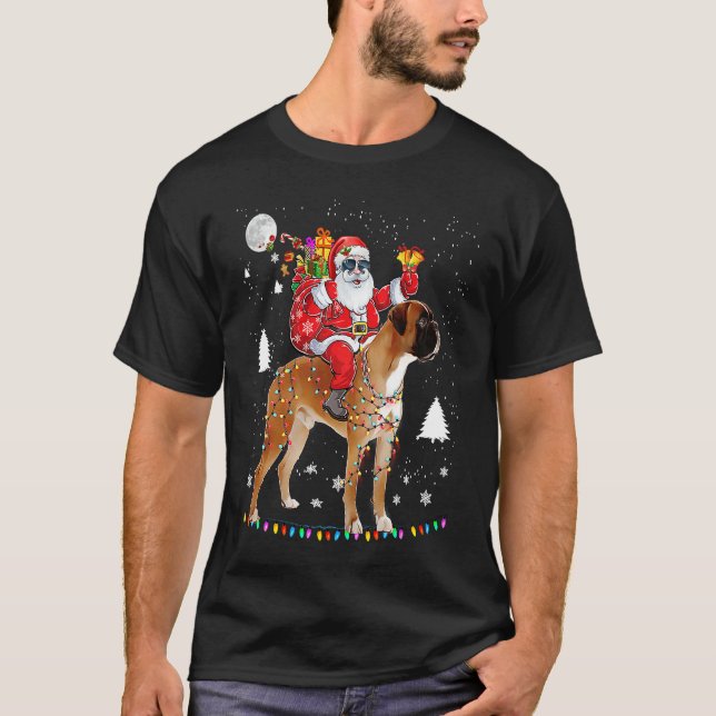 Camiseta Christmas Santa Claus Riding Boxer Dog Lights Xmas (Anverso)