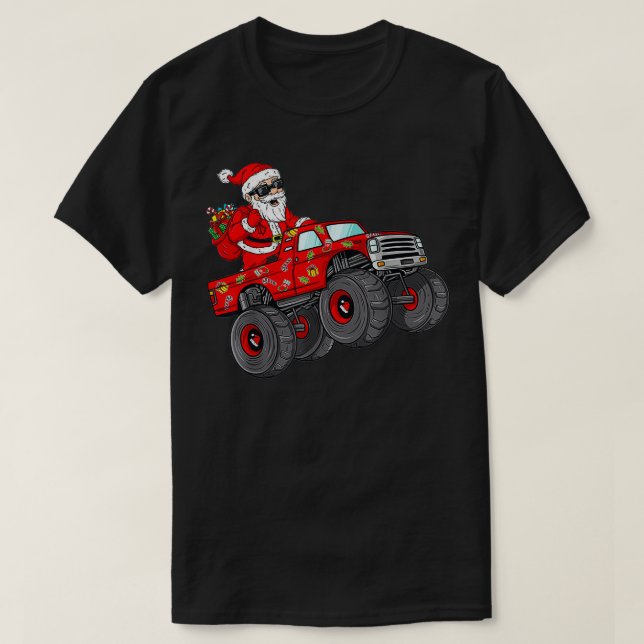 Camiseta Christmas Santa Claus Riding Monster Truck Boys Ki (Diseño del anverso)