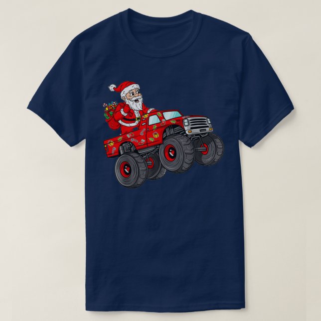 Camiseta Christmas Santa Claus Riding Monster Truck Boys Ki (Diseño del anverso)