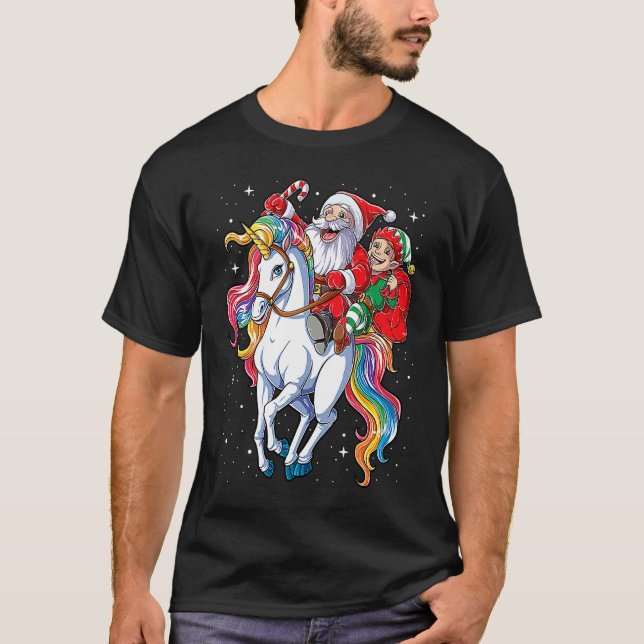 Camiseta Christmas Santa Elf Riding Unicorn Xmas  Girls Wom (Anverso)