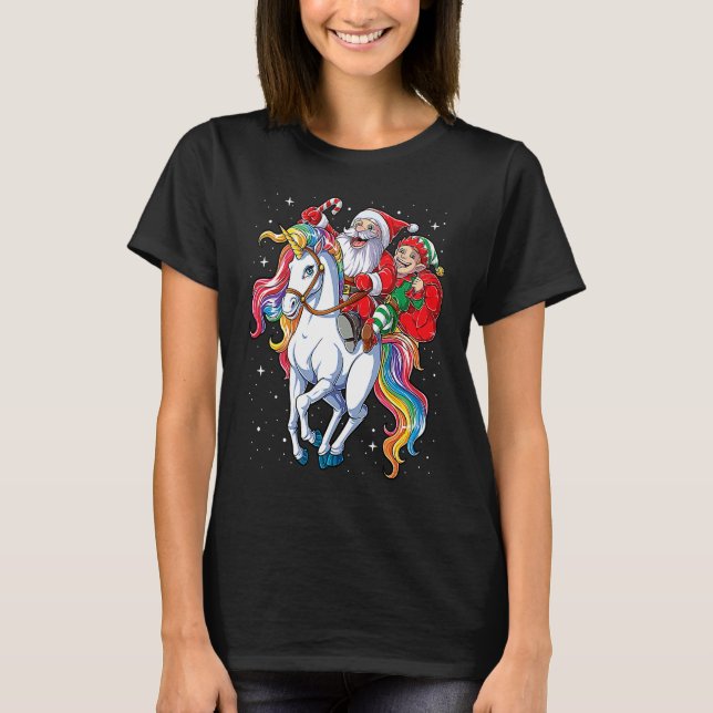 Camiseta Christmas Santa Elf Riding Unicorn Xmas  Girls Wom (Anverso)
