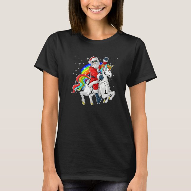 Camiseta Christmas Santa Riding Unicorn Xmas Girls Women Ra (Anverso)