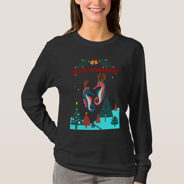 Camiseta Christmas Seahorse Reindeer With Holiday Decorativ (Anverso)