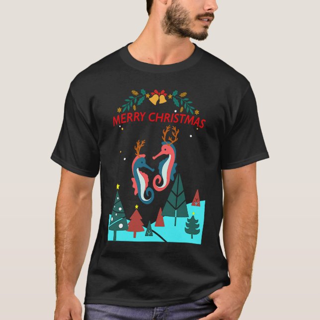 Camiseta Christmas Seahorse Reindeer With Holiday Decorativ (Anverso)