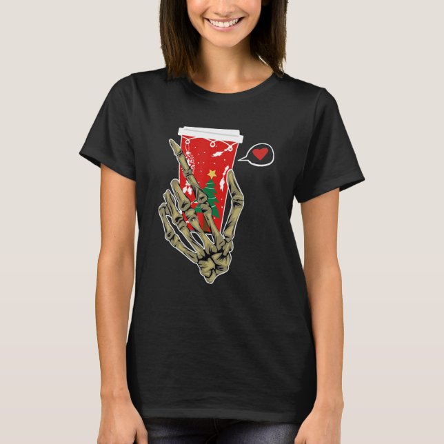 Camiseta Christmas Skeleton Hand Drinking Coffee Latte Paja (Anverso)