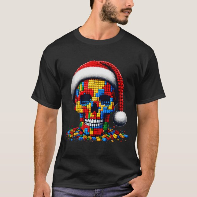 Camiseta Christmas Skull Santa Hat Block Bricks Master Buil (Anverso)