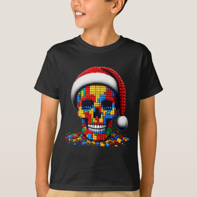 Camiseta Christmas Skull Santa Hat Block Bricks Master Buil (Anverso)