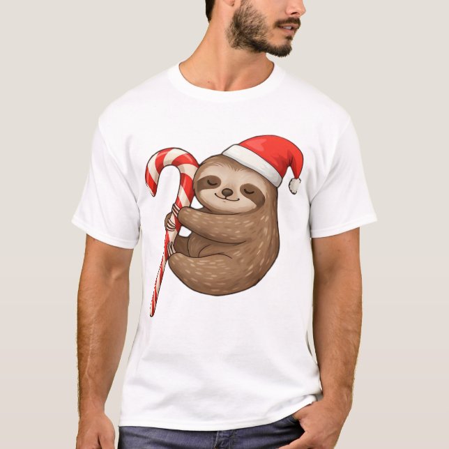 Camiseta Christmas Sloth Hugging Candy Cane Classic T-Shirt (Anverso)