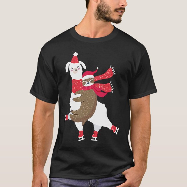 Camiseta Christmas Sloth Riding Llama Ice Skating Alpaca (Anverso)