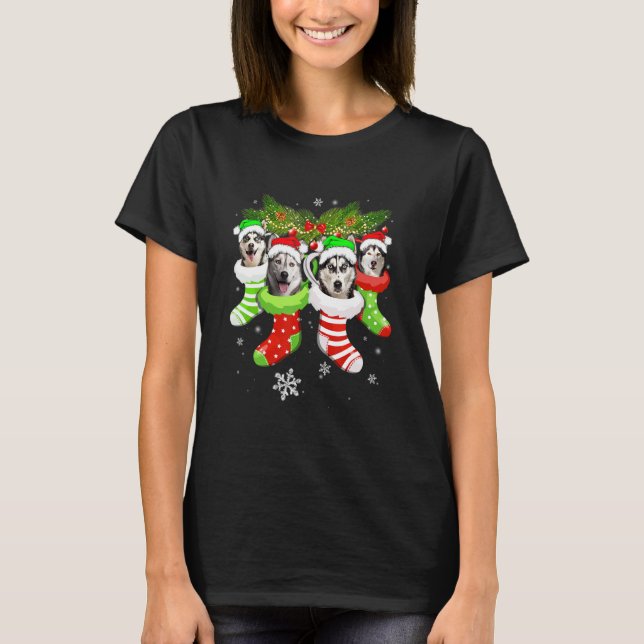 Camiseta Christmas Socks Pajama Siberian Husky Dog Puppy (Anverso)