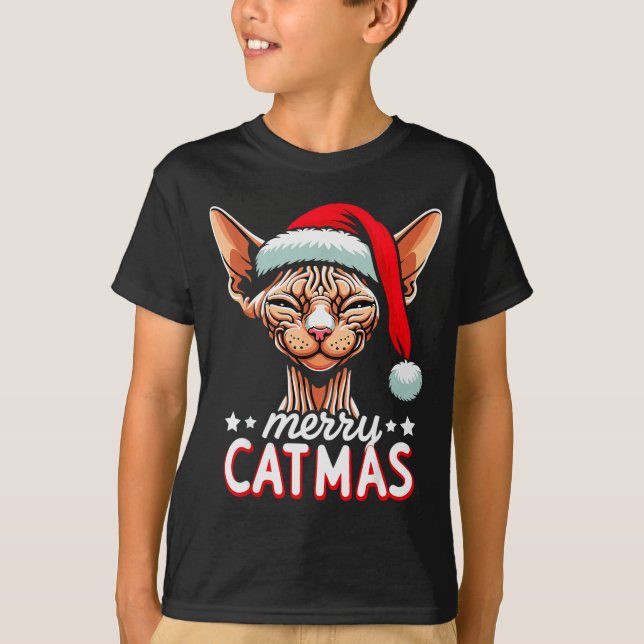 Camiseta Christmas Sphynx Cat Merry Catmas Santa Hat Xmas  (Anverso)