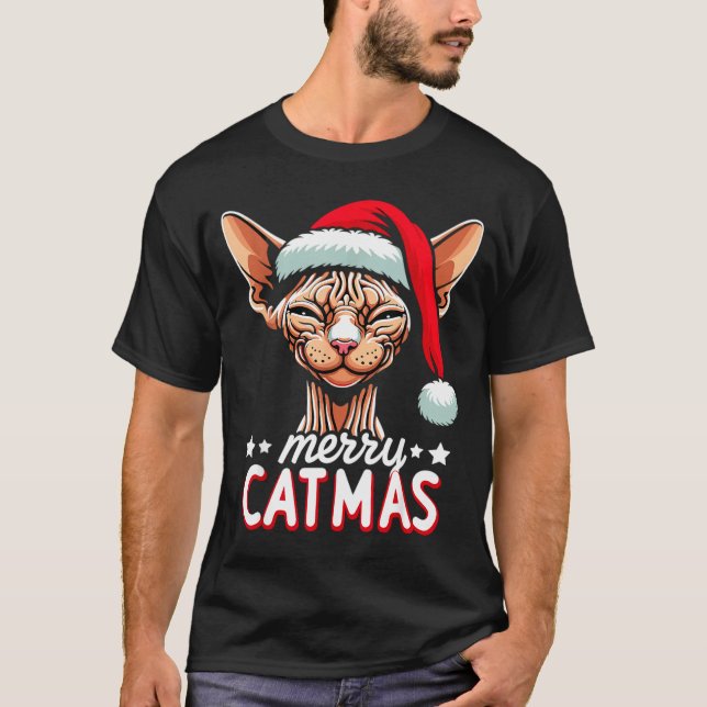 Camiseta Christmas Sphynx Cat Merry Catmas Santa Hat Xmas  (Anverso)