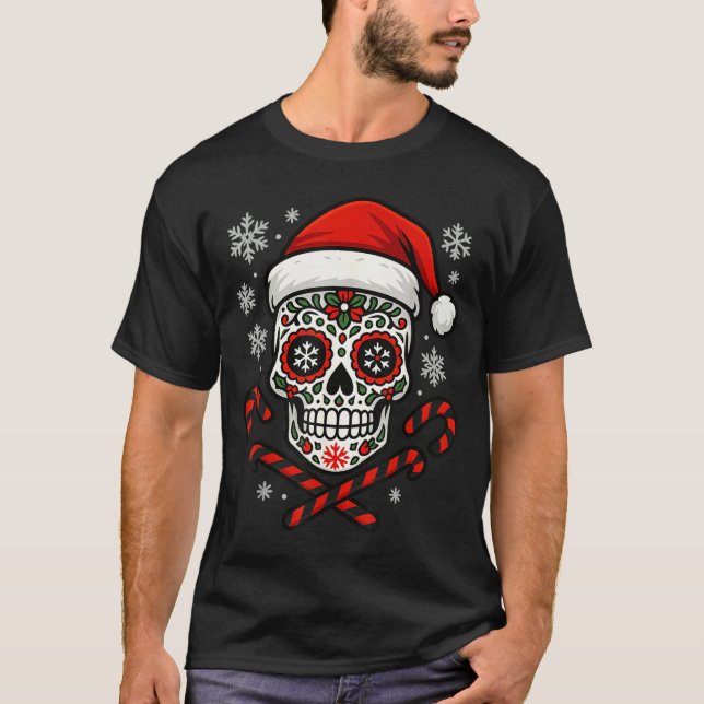 Camiseta Christmas Sugar Calavera Skull Santa Hat Candy Can (Anverso)