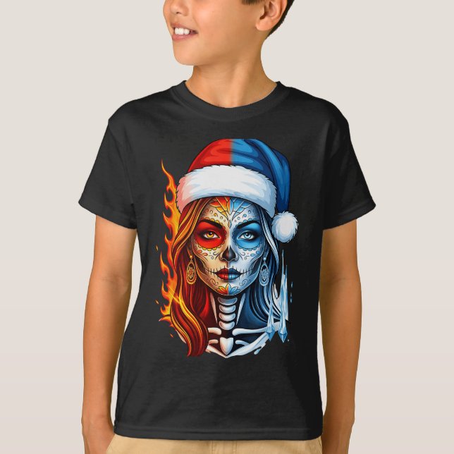 Camiseta Christmas Sugar Skull Art Woman Santa Hat Fantasy  (Anverso)