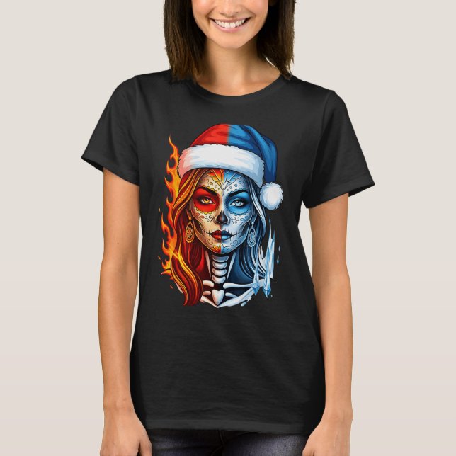Camiseta Christmas Sugar Skull Art Woman Santa Hat Fantasy  (Anverso)