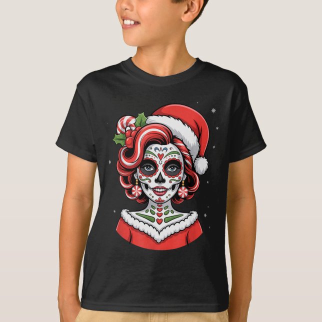 Camiseta Christmas Sugar Skull Art Woman Santa Hat Festive  (Anverso)