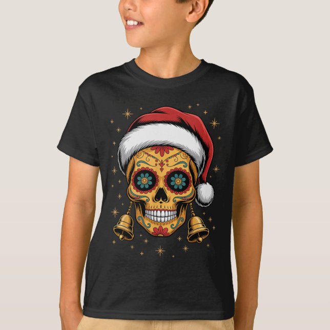 Camiseta Christmas Sugar Skull Art Woman Santa Hat Festive  (Anverso)