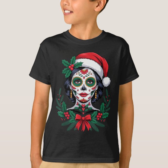 Camiseta Christmas Sugar Skull Art Woman Santa Hat Festive  (Anverso)