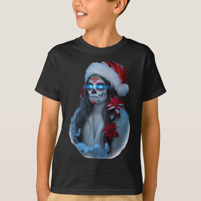Camiseta Christmas Sugar Skull Art Woman Santa Hat Festive  (Anverso)