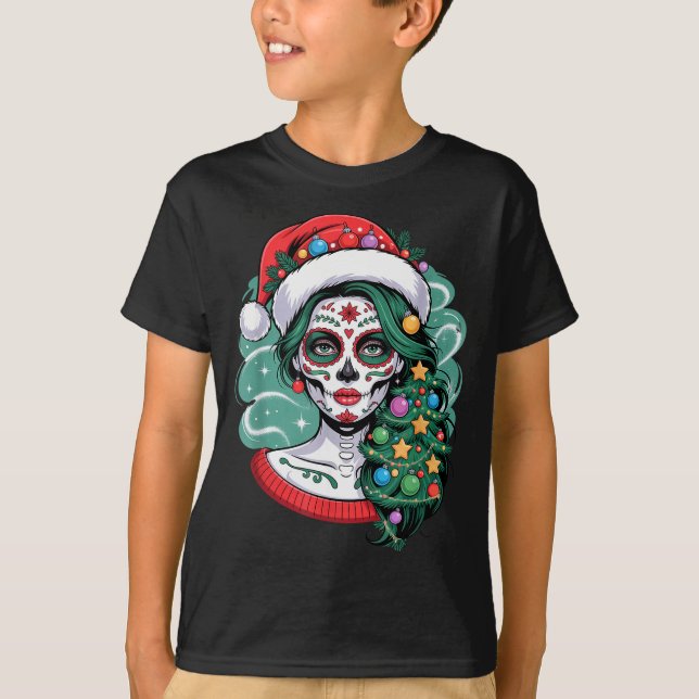 Camiseta Christmas Sugar Skull Art Woman Santa Hat Festive  (Anverso)