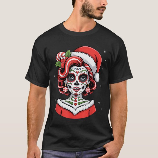Camiseta Christmas Sugar Skull Art Woman Santa Hat Festive  (Anverso)