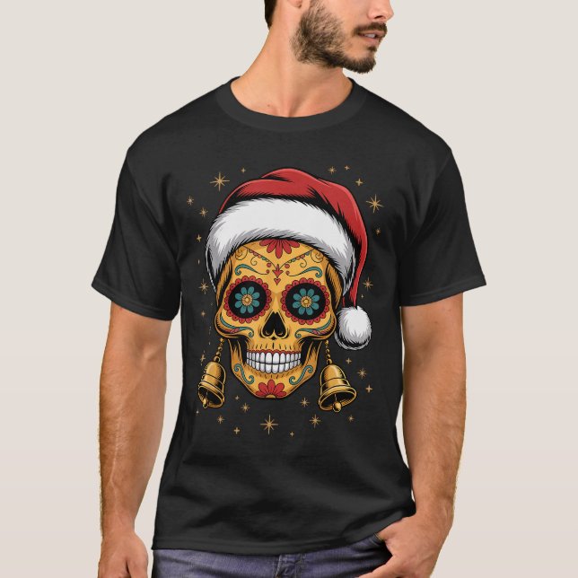 Camiseta Christmas Sugar Skull Art Woman Santa Hat Festive  (Anverso)
