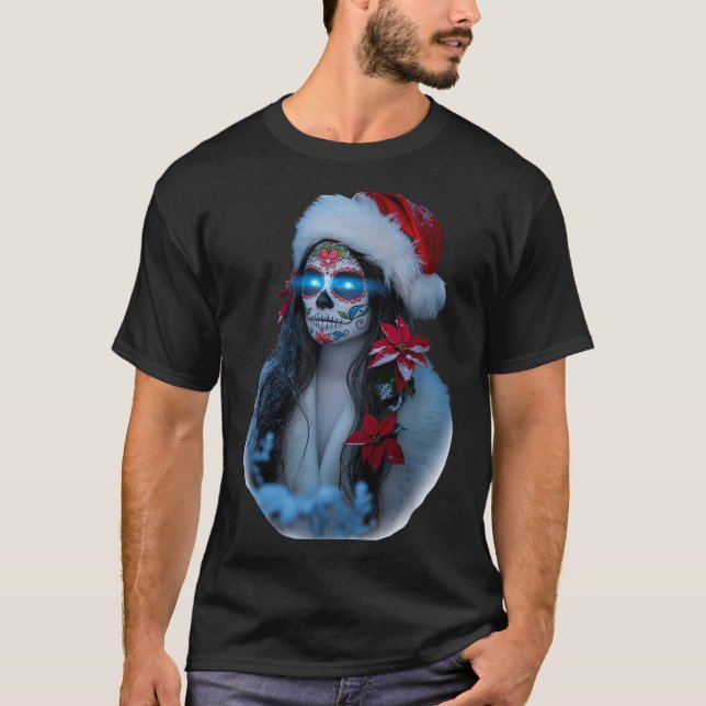 Camiseta Christmas Sugar Skull Art Woman Santa Hat Festive  (Anverso)