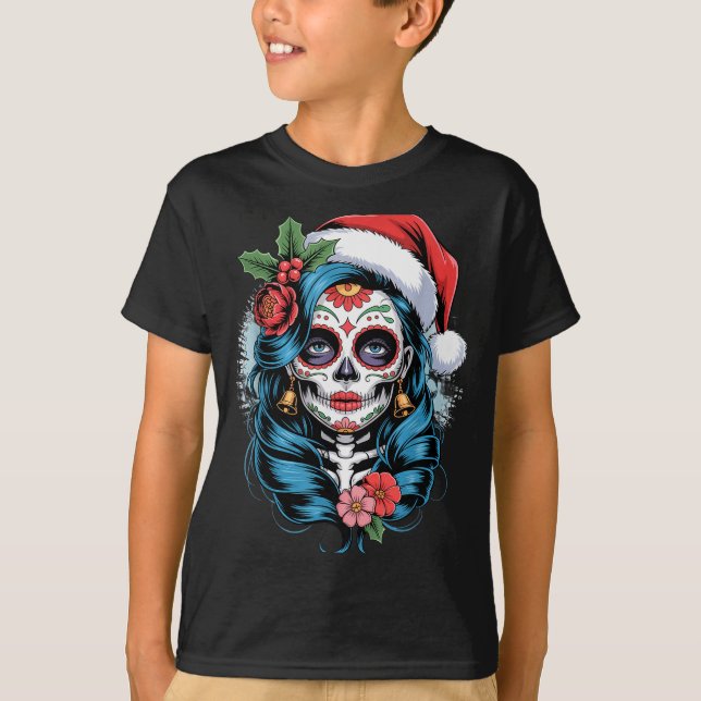 Camiseta Christmas Sugar Skull Art Woman Santa Hat Festive  (Anverso)