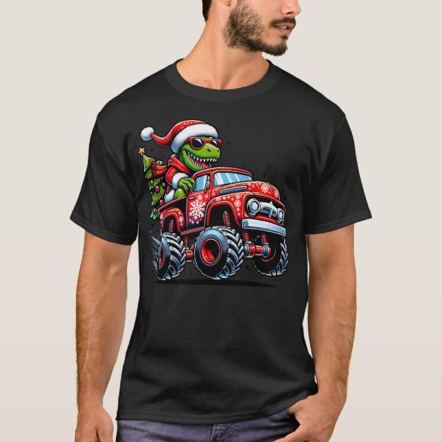 Camiseta Christmas T Rex Monster Truck Boys Dinosaur Santa  (Anverso)