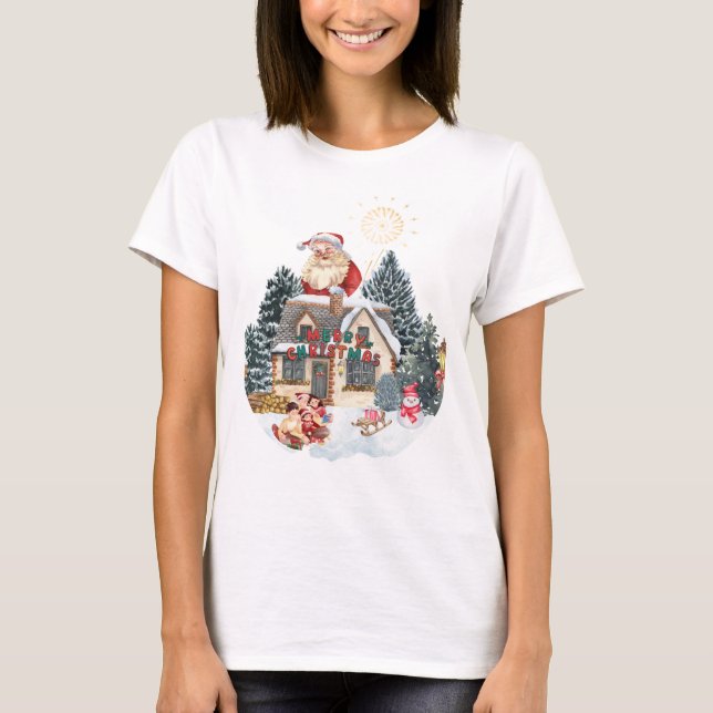 Camiseta Christmas T-Shirt with Santa Claus and Family  (Anverso)