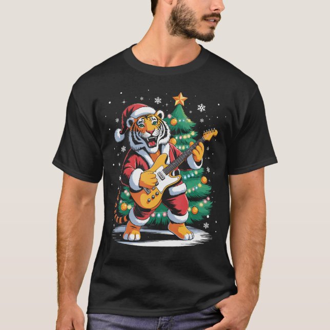 Camiseta Christmas Tiger Playing Guitar Music Santa Hat Xma (Anverso)