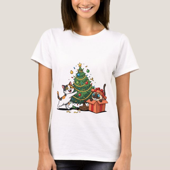 Camiseta Christmas Tree & Gift Surprise Cats  (Anverso)