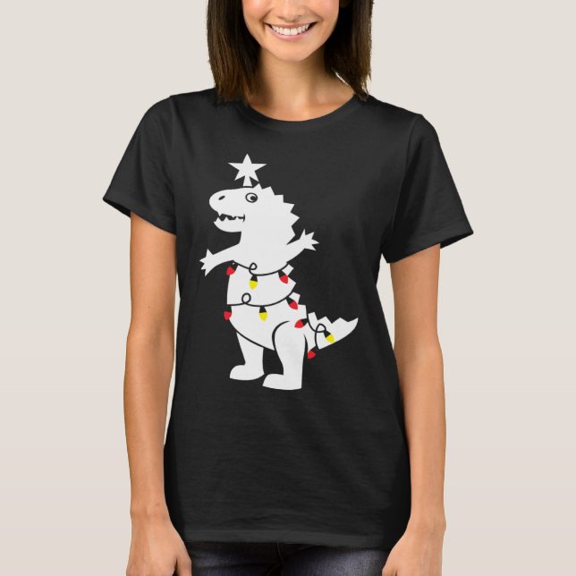 Camiseta Christmas Tree Rex Dinosaur Xmas Lights Rex Pun Jo (Anverso)