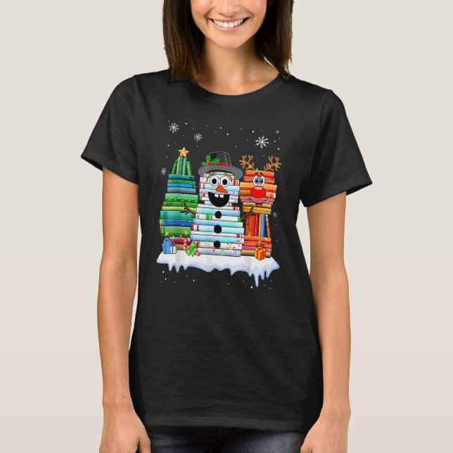 Camiseta Christmas Tree Snowman Reindeer Book Stack Librari (Anverso)