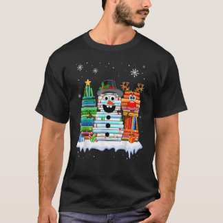 Camiseta Christmas Tree Snowman Reindeer Book Stack Librari