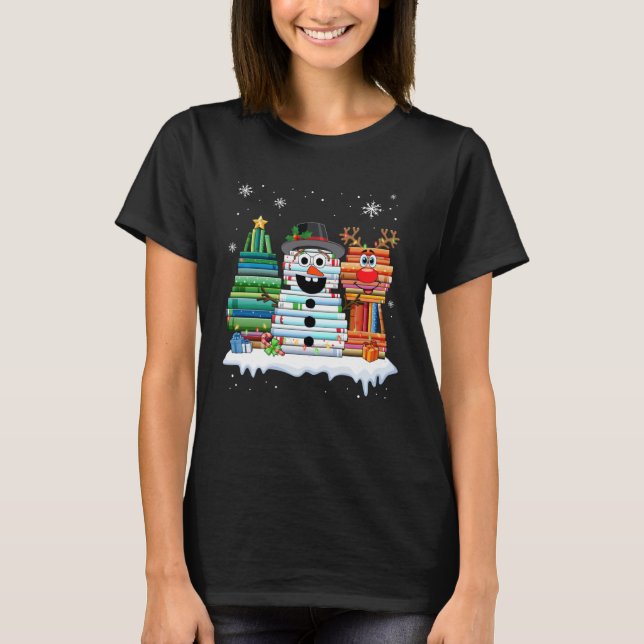 Camiseta Christmas Tree Snowman Reindeer Book Stack Librari (Anverso)