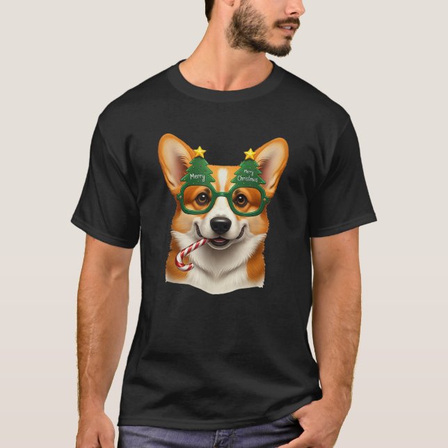 Camiseta Christmas Tree Sunglasses Corgi Candy Cane Mens Wo (Anverso)