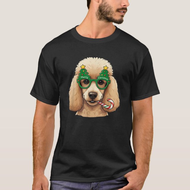 Camiseta Christmas Tree Sunglasses Poodle Candy Cane Mens W (Anverso)