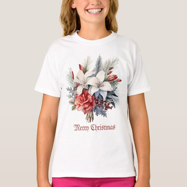 Camiseta Christmas White Red Flowers Holidays Elegant (Anverso)