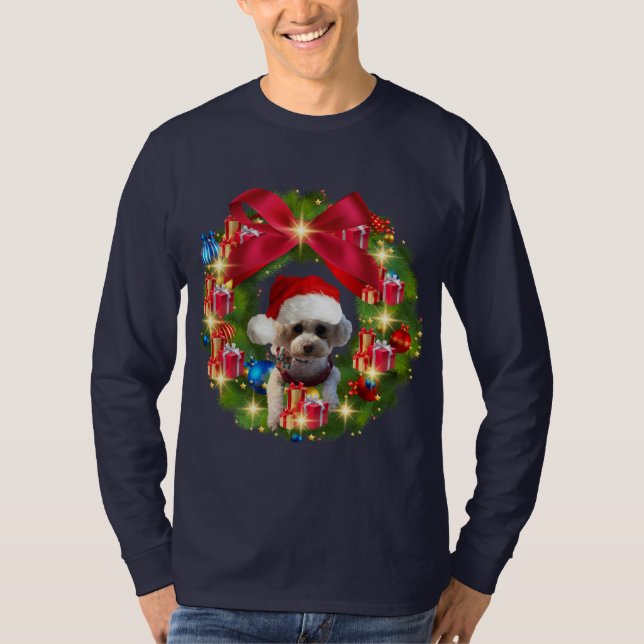 Camiseta Christmas Wreath With Poodle Santa Hat T-Shirt (Anverso)