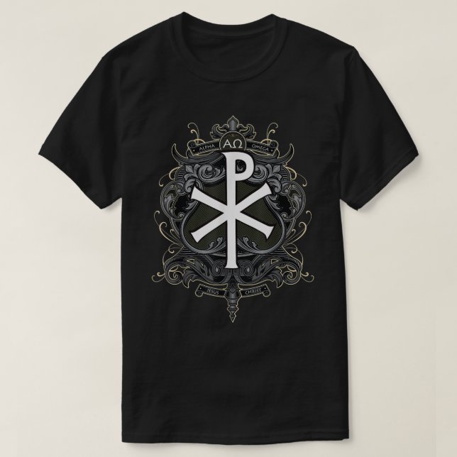Camiseta Christograma Símbolo de Jesucristo Chi Ro Alpha Om (Diseño del anverso)