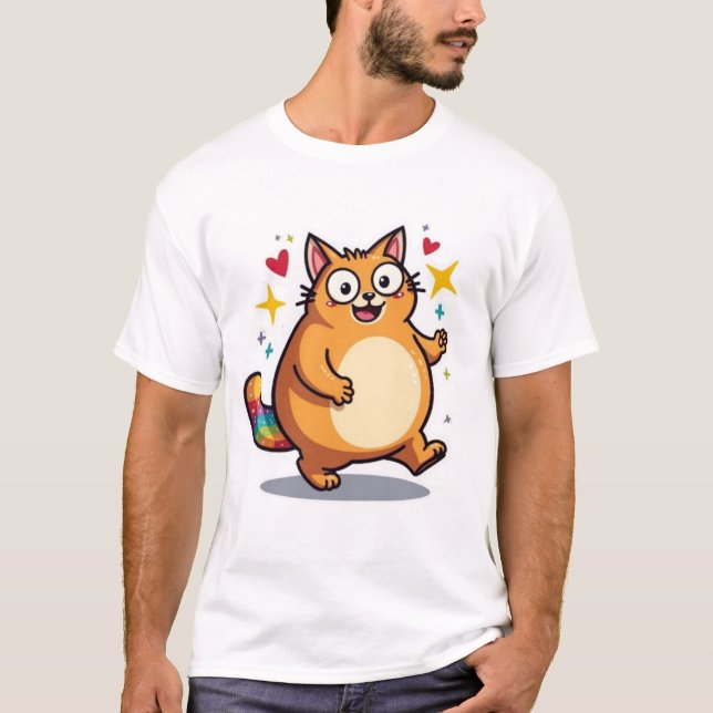Camiseta Chubby Kawaii Orange Cat Rainbow Tail Sparkle (Anverso)