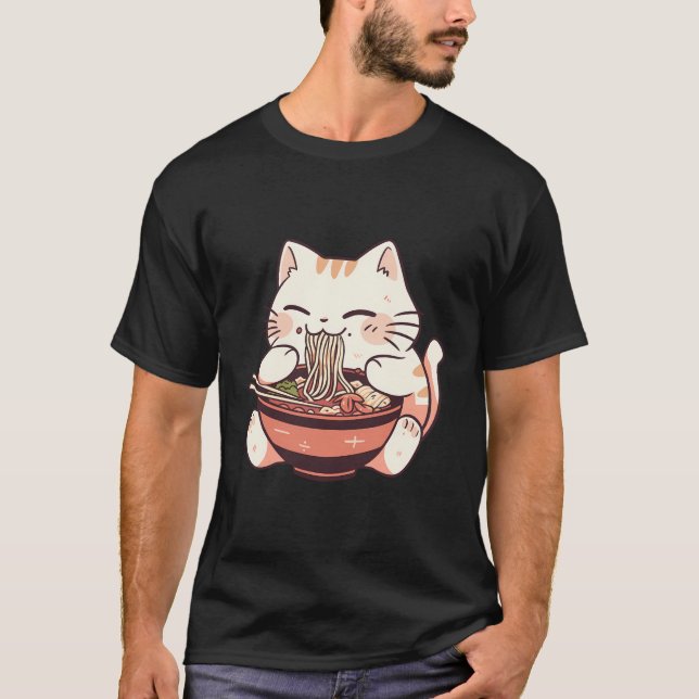 Camiseta Chubby Neko Cat Anime Comiendo Ramen Cute (Anverso)