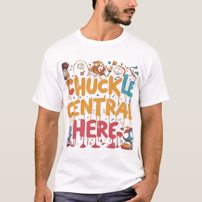 Camiseta Chuckle Central Here hombres ropa de moda. (Anverso)