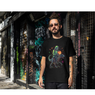 Camiseta Ciberneón Skeleton Riding Robo Dino - Halloween